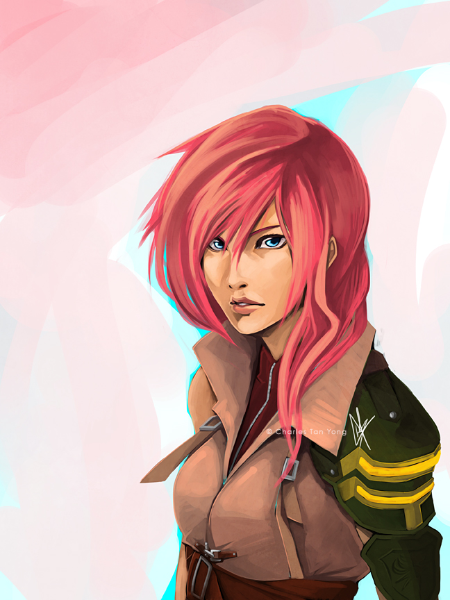 lightning farron, final fantasy, final fantasy xiii, 10s, 1girl, blue eyes, charles tan yong, female focus, pink hair, portrait, solo, thefenrir