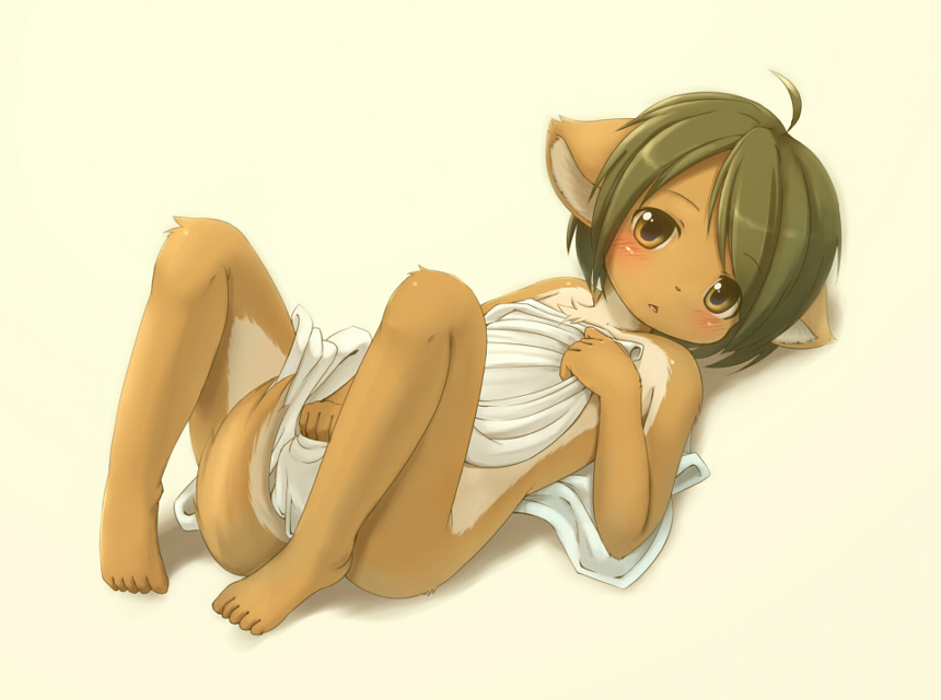 kagerofu, ahoge, animal ears, barefoot, blanket, blush, flat chest, furry, lying, nude, orange eyes, short hair, tail