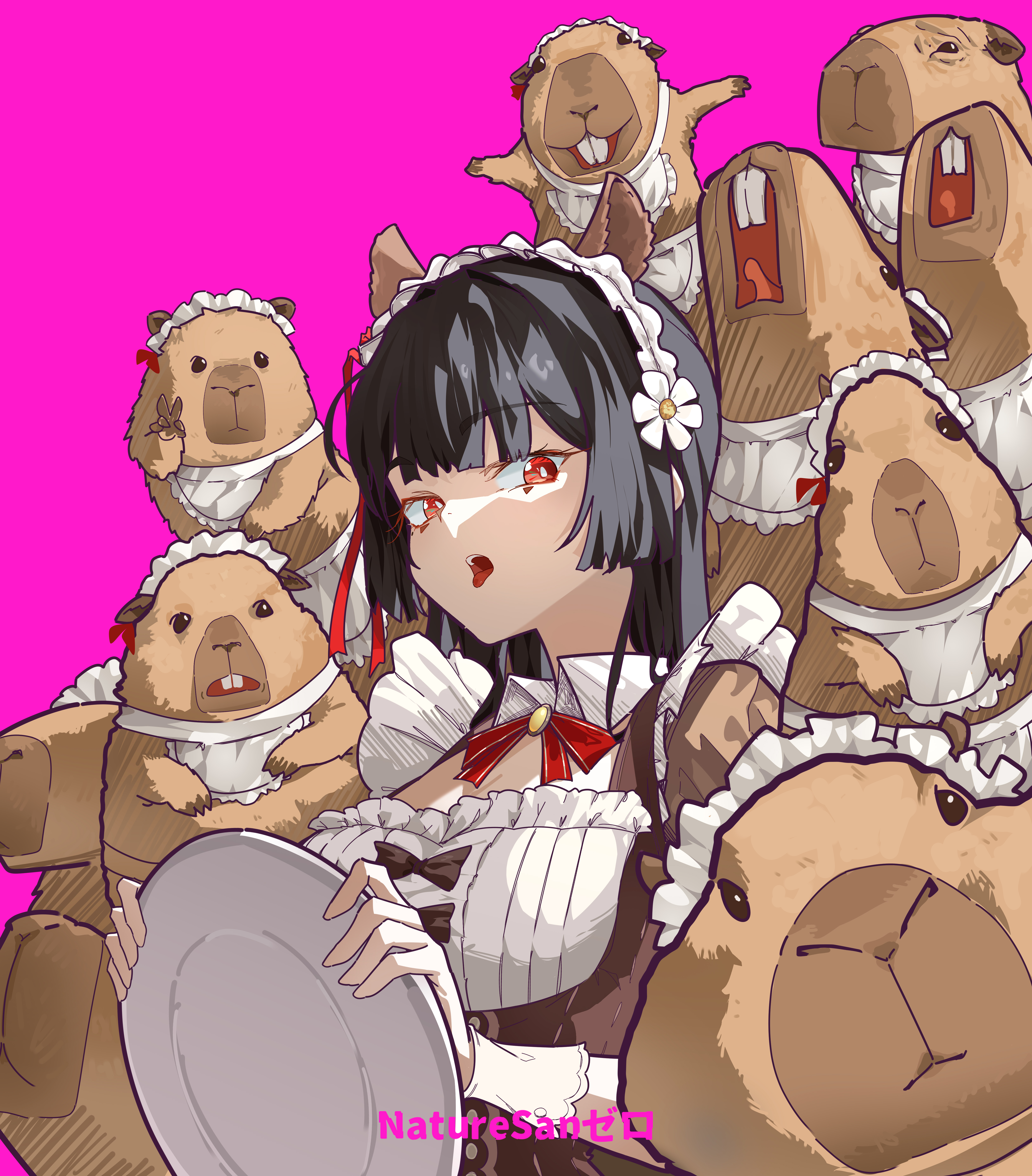 ryeon (naturesan), chisa (wuthering waves), wuthering waves, absurdres, commentary, english commentary, highres, 1girl, animal ears, artist name, black hair, breasts, capybara, fake animal ears, holding, holding plate, long hair, looking at viewer, maid headdress, medium breasts, namipon (wuthering waves), official alternate costume, open mouth, pink background, plate, red eyes, tongue, tongue out