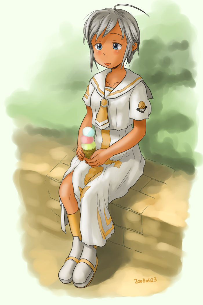awatake takahiro, athena glory, aria (manga), 00s, 1girl, 2008, ahoge, blue eyes, dark-skinned female, dark skin, dated, female focus, food, full body, grey hair, ice cream, ice cream cone, nature, open mouth, outdoors, sailor, short hair, sitting, solo, tan