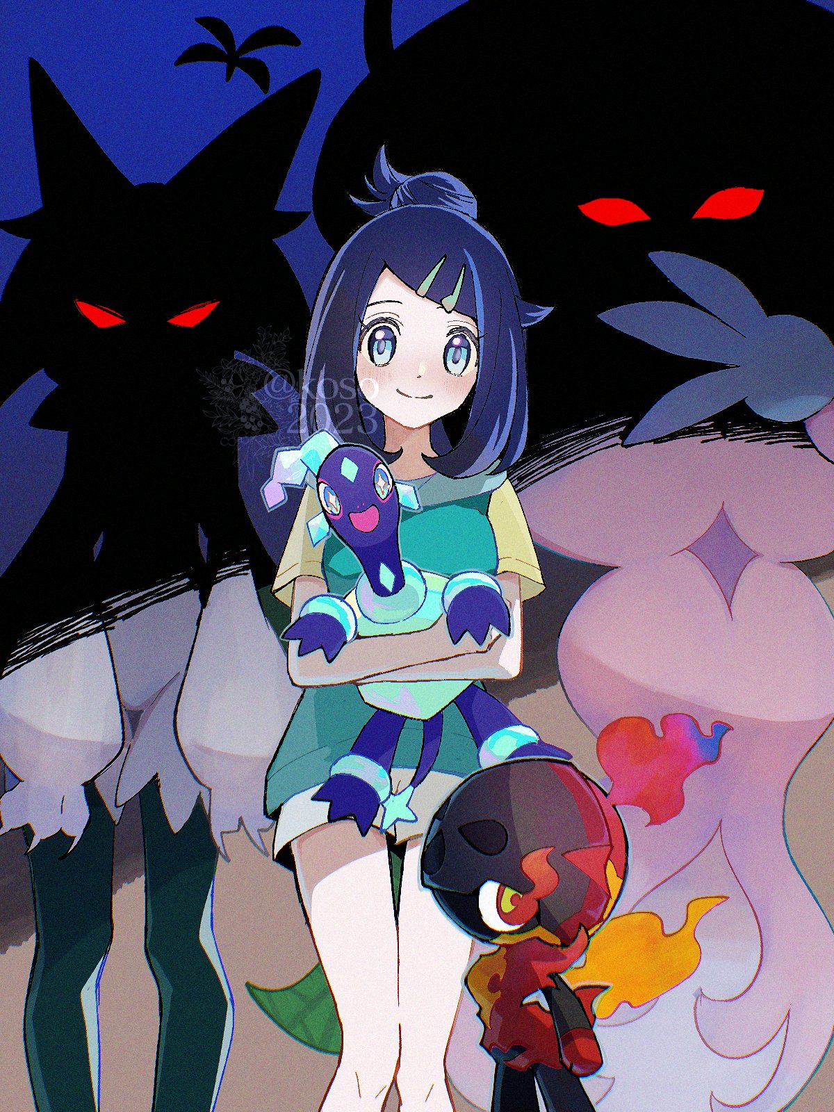 koso2023, charcadet, hatterene, liko (pokemon), meowscarada, terapagos, terapagos (normal), nintendo, pokemon, pokemon (anime), pokemon horizons, highres, 1girl, blue eyes, blue hair, blue shirt, gen 8 pokemon, hair bun, looking at viewer, red eyes, shirt, short hair, shorts, turtle, white shorts