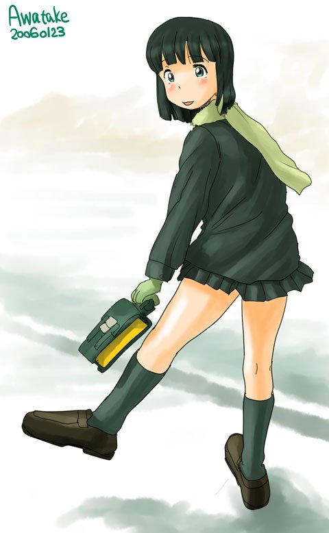 awatake takahiro, 00s, 1girl, 2006, artist name, bag, black hair, blush, dated, female focus, gloves, green eyes, jacket, loafers, looking at viewer, looking back, scarf, school bag, shoes, short hair, smile, socks, solo