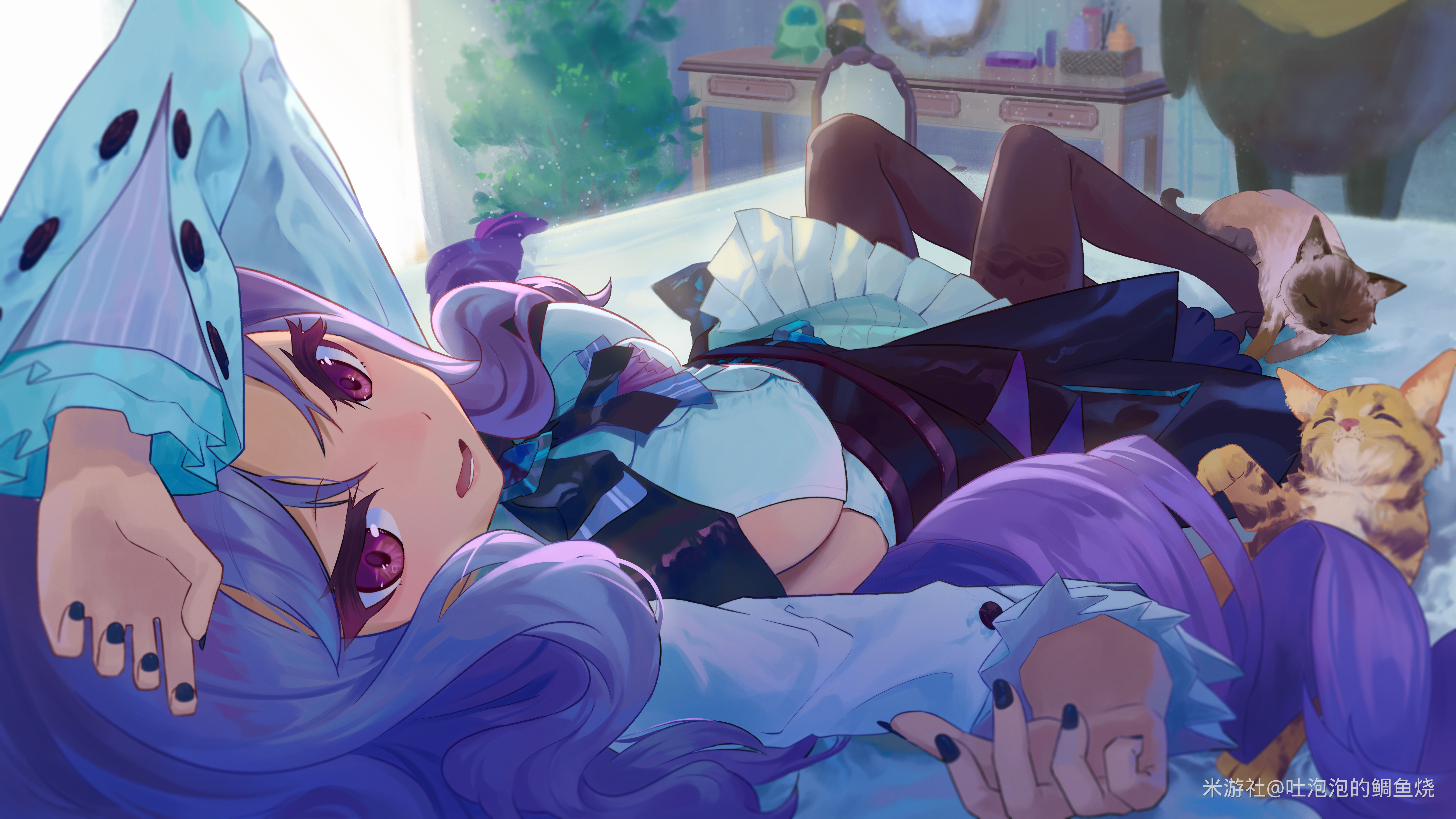 tu pao diao yu shao, vivian banshee, zenless zone zero, absurdres, commentary request, highres, 1girl, arm on own head, arm up, blue gemstone, bow, bowtie, breasts, brown pantyhose, cat, center frills, chair, drill hair, frills, gem, indoors, knees up, long hair, looking at viewer, lying, medium breasts, on back, on bed, open mouth, pantyhose, plant, potted plant, purple bow, purple bowtie, purple eyes, purple hair, purple nails, shrug (clothing), siamese cat, sideboob cutout, solo focus, table, white shrug, yellow cat