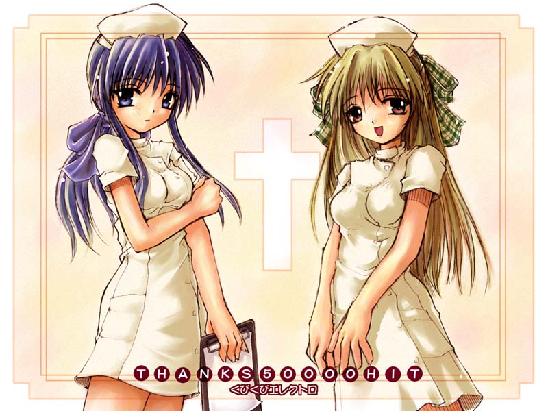 kawasumi mai, kurata sayuri, kanon, blue eyes, blue hair, bow, hair bow, nurse, ribbon