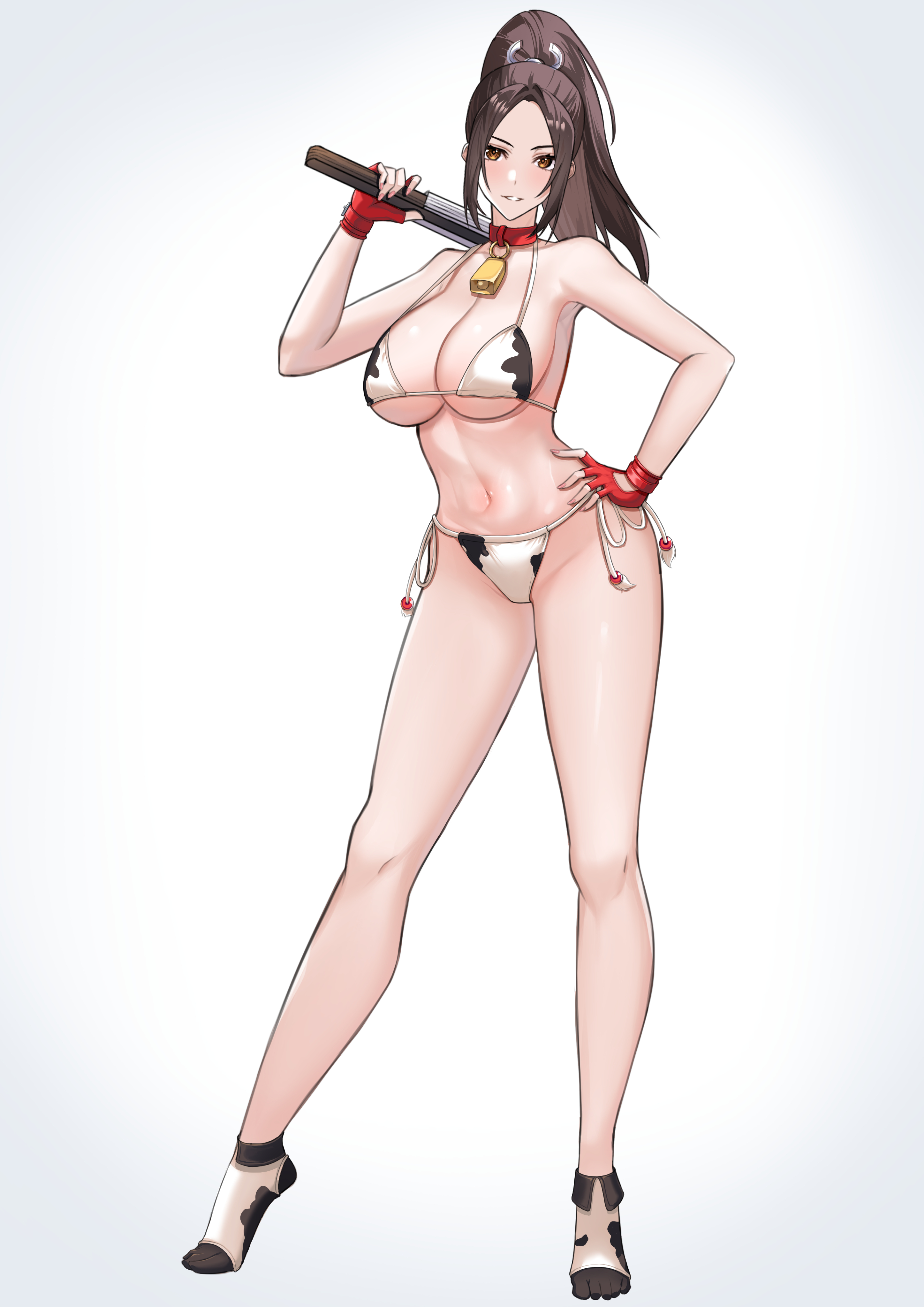 ex42039, shiranui mai, fatal fury, absurdres, highres, 1girl, alternate costume, animal print, bare arms, bare legs, bare shoulders, bell, bikini, breasts, brown hair, cleavage, collar, cow print, cow print bikini, cow tail, cowbell, fingerless gloves, folded fan, folding fan, full body, gloves, grin, hand fan, hand on own hip, high ponytail, holding, holding fan, large breasts, long hair, long legs, looking at viewer, motoyui, navel, neck bell, parted lips, ponytail, print bikini, red collar, red gloves, side-tie bikini bottom, simple background, smile, socks, solo, standing, stomach, swimsuit, tail, thighs, white background, white bikini