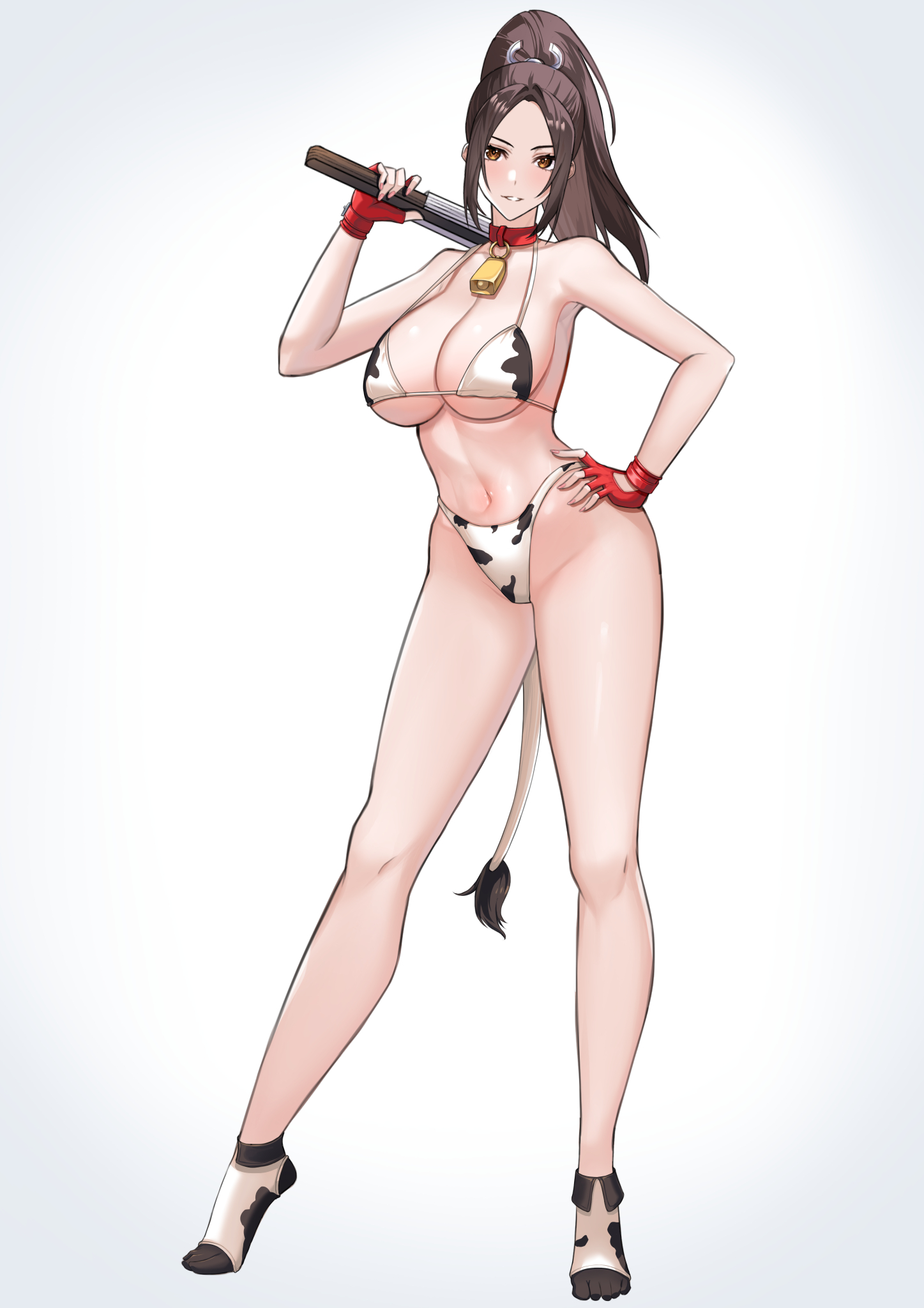 ex42039, shiranui mai, fatal fury, highres, 1girl, alternate costume, animal print, bare arms, bare legs, bare shoulders, bell, bikini, breasts, brown hair, cleavage, collar, cow print, cow print bikini, cow tail, cowbell, fingerless gloves, folded fan, folding fan, full body, gloves, grin, hand fan, hand on own hip, high ponytail, highleg, highleg bikini, holding, holding fan, large breasts, long hair, long legs, looking at viewer, motoyui, navel, neck bell, parted lips, ponytail, print bikini, red collar, red gloves, simple background, smile, socks, solo, standing, stomach, swimsuit, tail, thighs, white background, white bikini