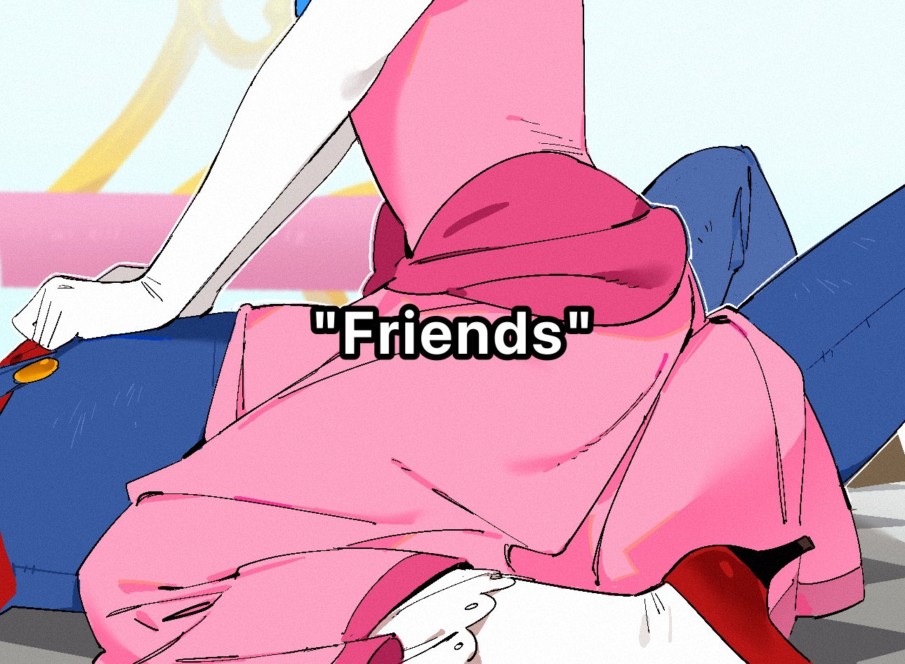 ssuregigame, mario, princess peach, mario (series), nintendo, commentary request, korean commentary, photo-referenced, 1girl, blue overalls, blue pants, dress, elbow gloves, english text, girl on top, gloves, high heels, long sleeves, lying, on back, overalls, pants, pantyhose, pink dress, red shirt, red shoes, shirt, shoes, short sleeves, white gloves, white pantyhose