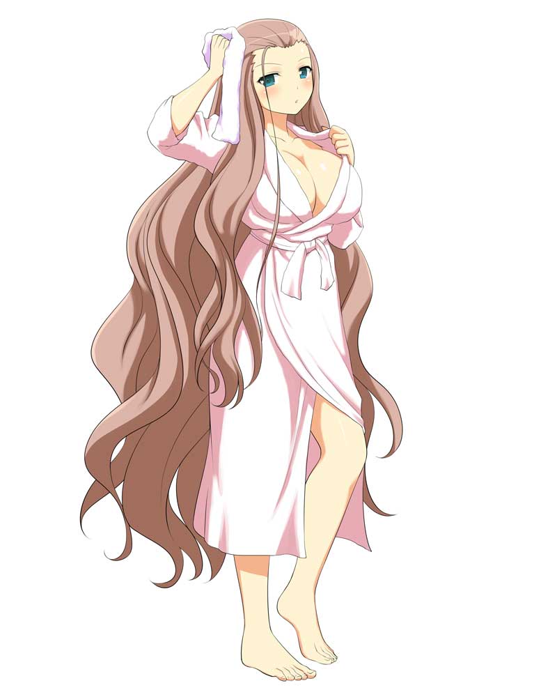 kochou (senran kagura), senran kagura, senran kagura new wave, non-web source, official art, 1girl, :o, barefoot, bathrobe, blush, breasts, brown hair, cleavage, collarbone, drying, drying hair, drying own hair, green eyes, holding, holding towel, large breasts, long hair, looking at viewer, parted bangs, pink robe, robe, shiny skin, simple background, solo, standing, towel, very long hair, wavy hair, white background