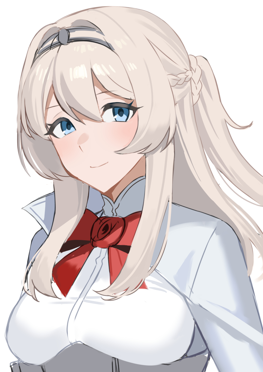 akagi kurage, glorious (kancolle), kantai collection, commentary request, highres, 1girl, blue eyes, braid, breasts, flower, grey hair, half up braid, half updo, headband, jacket, looking at viewer, medium breasts, red flower, red rose, rose, simple background, smile, solo, upper body, white background, white jacket