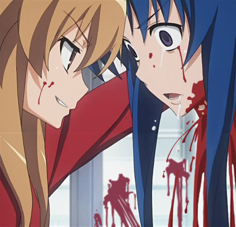 aisaka taiga, kawashima ami, toradora!, lowres, 00s, 2girls, bad end, blood, blue hair, death, decapitation, evil grin, evil smile, grin, guro, long hair, multiple girls, murder, open mouth, purple eyes, saliva, smile, tears, yandere