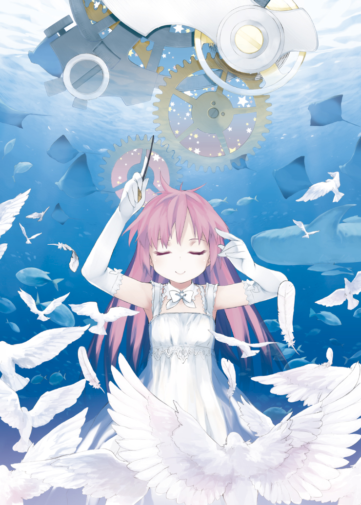 kusano houki, original, bad id, bad pixiv id, 1girl, aged down, bare shoulders, bird, bow, bowtie, brown hair, closed eyes, conductor, conductor baton, dress, elbow gloves, feathers, female focus, fish, flat chest, gears, gloves, happy, long hair, pink hair, shark, smile, solo, surreal, underwater, water, white dress