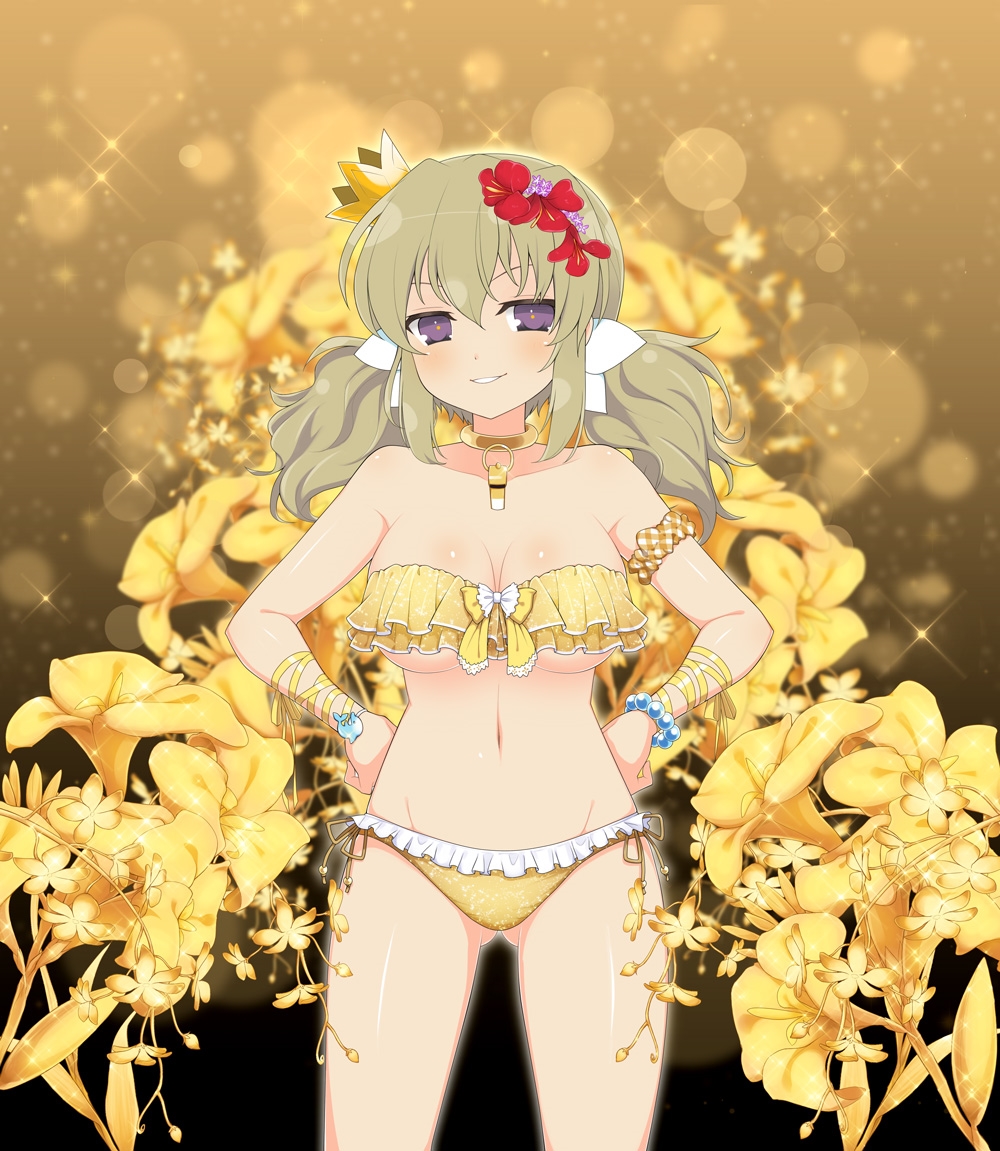 yaegashi nan, kafuru (senran kagura), senran kagura, senran kagura estival versus, senran kagura new wave, official art, 1girl, arm scrunchie, bead bracelet, beads, bikini, blonde hair, blush, bow, bracelet, breasts, cleavage, collarbone, crown, flower, frilled bikini, frills, gold bikini, gold choker, gold flower, gold ribbon, groin, hair bow, hair flower, hair ornament, hands on own hips, jewelry, lens flare, light particles, lily (flower), looking at viewer, low twintails, medium breasts, medium hair, mini crown, plaid scrunchie, purple eyes, purple flower, red flower, scrunchie, smirk, solo, sparkle, swimsuit, teeth, twintails, underboob, whistle, whistle around neck, white bow