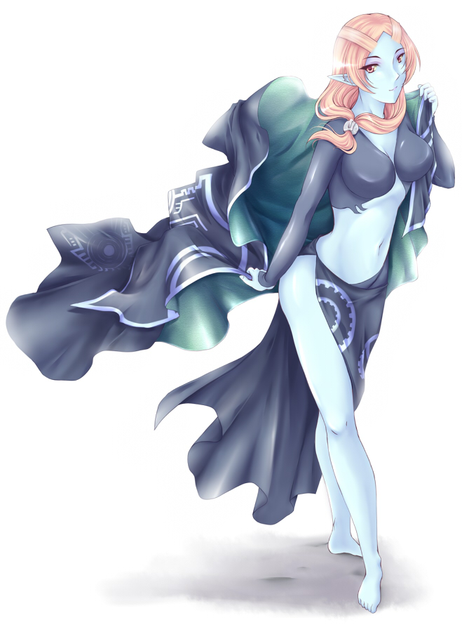microspace, midna, midna (true), nintendo, the legend of zelda, the legend of zelda: twilight princess, spoilers, 1girl, barefoot, blue skin, breasts, cleavage, colored skin, elf, female focus, front ponytail, large breasts, long hair, orange hair, pointy ears, red eyes, smile, solo