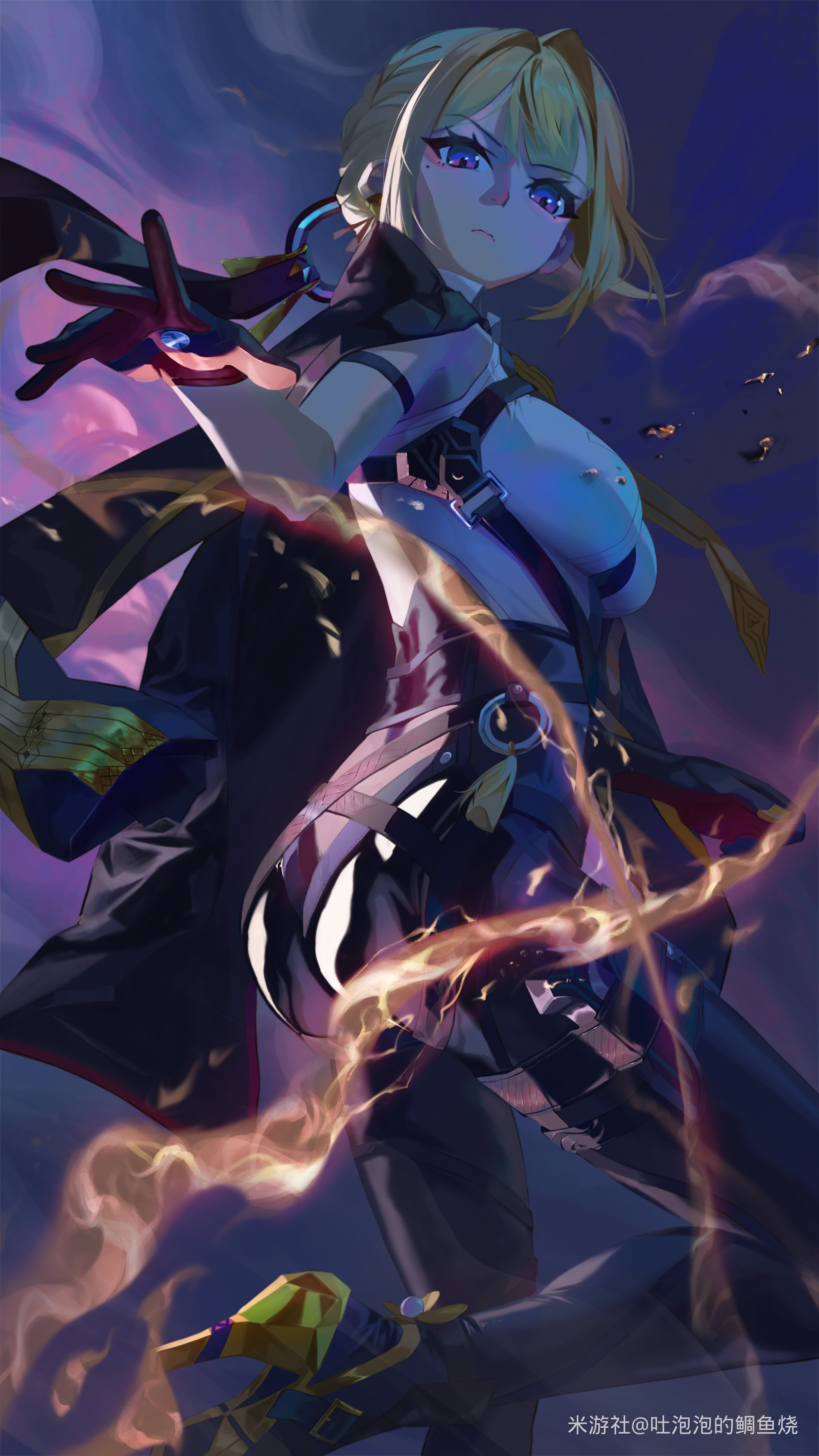 tu pao diao yu shao, evelyn chevalier, zenless zone zero, absurdres, highres, 1girl, arm strap, ass, black pants, blonde hair, breasts, chest harness, closed mouth, coat, coat on shoulders, earrings, embers, fire, from side, gloves, half gloves, harness, high-waist pants, jewelry, large breasts, latex pants, long ribbon, looking down, mole, mole under eye, necktie, pants, ring hair ornament, shirt, shirt tucked in, single half glove, solo, standing, standing on one leg, tight clothes, tight pants, v-shaped eyebrows, white shirt, yellow necktie