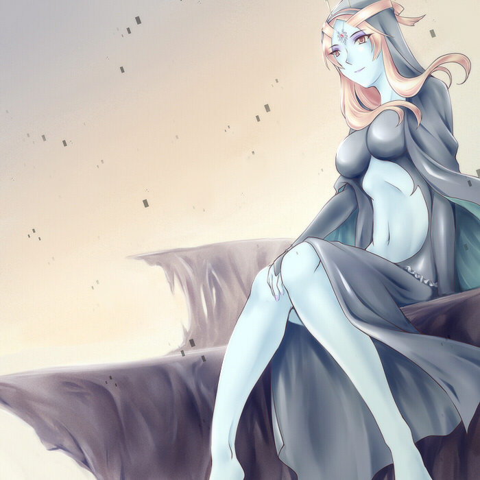 microspace, midna, midna (true), nintendo, the legend of zelda, the legend of zelda: twilight princess, spoilers, 1girl, barefoot, blue skin, colored skin, female focus, long hair, orange hair, red eyes, solo