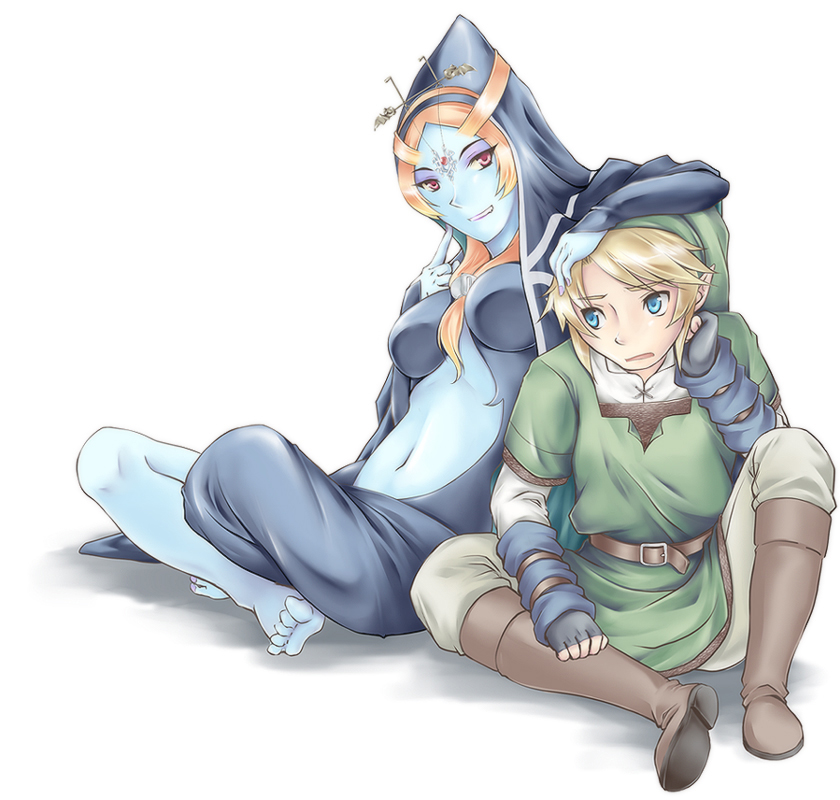 microspace, link, midna, midna (true), nintendo, the legend of zelda, the legend of zelda: twilight princess, spoilers, 1boy, 1girl, barefoot, blonde hair, blue eyes, blue skin, breasts, cleavage, colored skin, elf, eyeshadow, feet, long hair, makeup, orange hair, pointy ears, red eyes