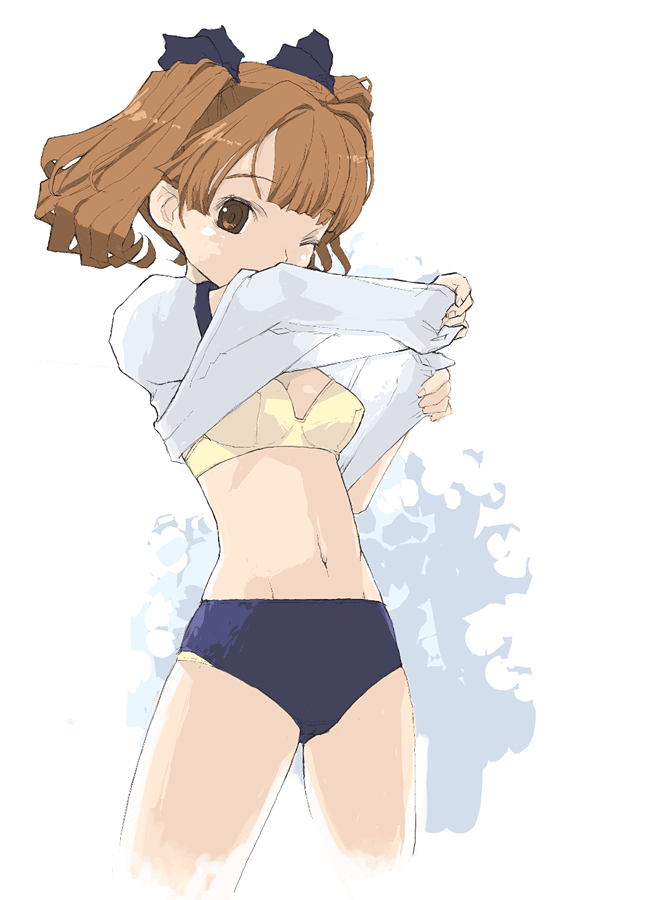 pota, pota (nabrinko), original, 1girl, bra, brown eyes, brown hair, buruma, clothes lift, female focus, gym uniform, lingerie, midriff, navel, one eye closed, shirt lift, solo, twintails, underwear, wink