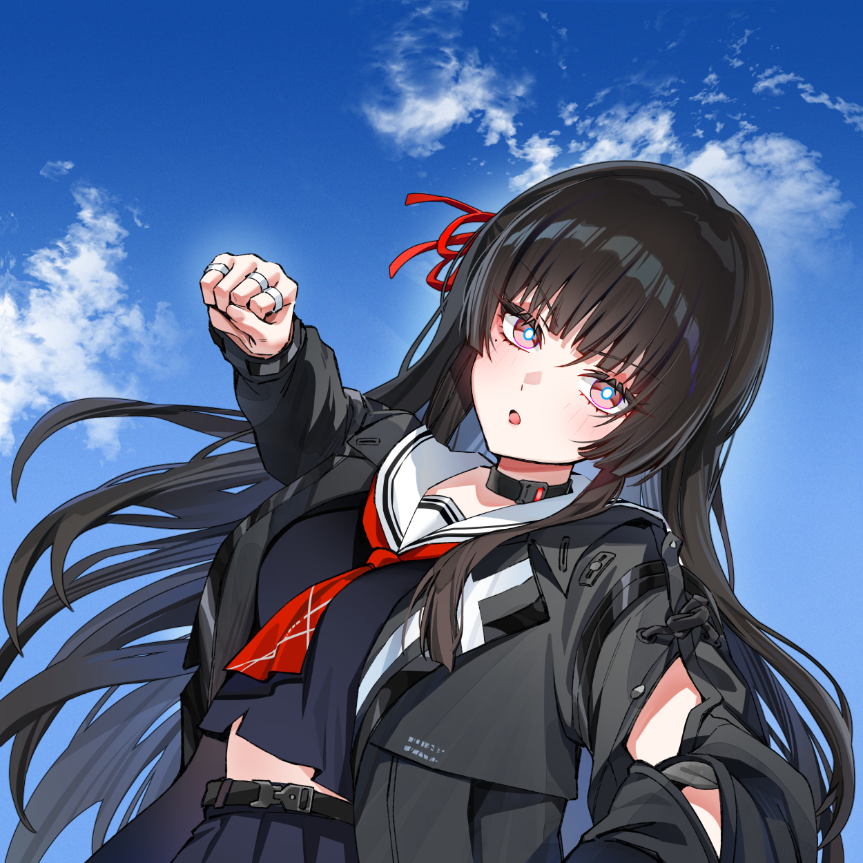 foxyreine, chisa (wuthering waves), wuthering waves, commentary, english commentary, highres, 1girl, arm cutout, black choker, black hair, black jacket, black serafuku, black shirt, blue sky, choker, clenched hand, clothing cutout, day, hair ribbon, incoming attack, incoming punch, jacket, korean girl in a gru scarf punching (meme), long hair, long sleeves, looking at viewer, meme, mole, mole under eye, neckerchief, open mouth, outdoors, photo background, punching, red eyes, red neckerchief, red ribbon, ribbon, sailor collar, school uniform, serafuku, shirt, sky, solo, upper body, v-shaped eyebrows, very long hair, white sailor collar