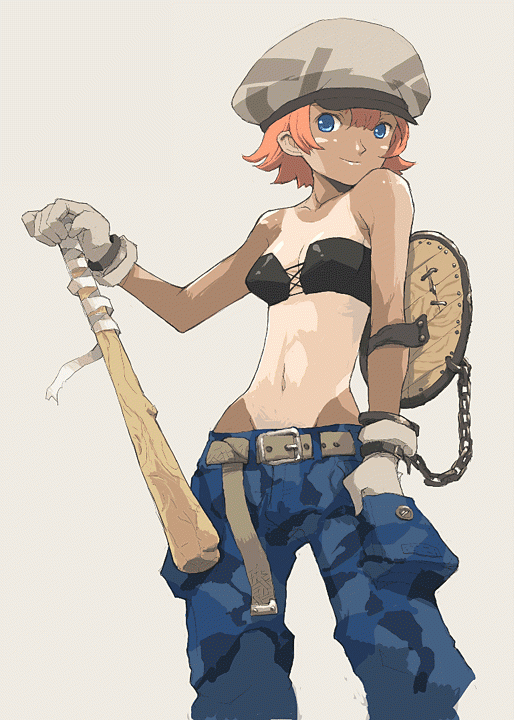 pota, pota (nabrinko), original, 1girl, baseball bat, belt, bikini, bikini top only, blue eyes, breasts, camouflage, chain, cleavage, female focus, gloves, grey background, hat, looking at viewer, lowleg, lowleg pants, midriff, navel, newsboy cap, one-piece tan, orange hair, pants, shield, shiny skin, simple background, smile, solo, swimsuit, tan, tanline