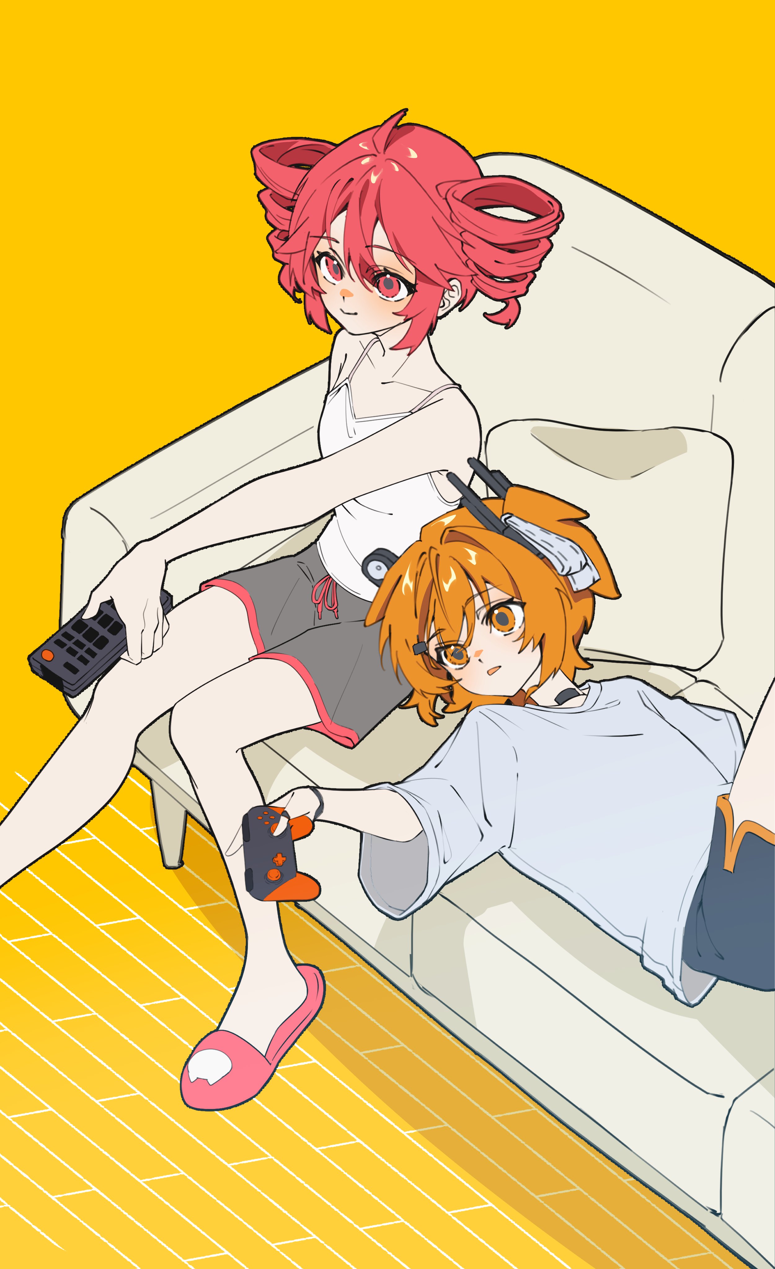 senri (hrydy o), adachi rei, kasane teto, a.i. voice, utau, absurdres, highres, 2girls, alternate costume, controller, couch, drill hair, game controller, grey shorts, holding, holding controller, holding game controller, holding remote control, lying, multiple girls, on couch, orange eyes, orange hair, pink slippers, red eyes, red hair, remote control, shirt, shorts, sitting, sleeveless, sleeveless shirt, slippers, spaghetti strap, t-shirt, twin drills, white shirt