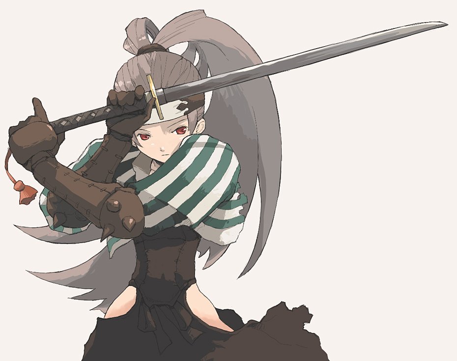 pota, pota (nabrinko), samurai (fft), final fantasy, final fantasy tactics, striped, 1girl, arm guards, bare hips, brown hair, chokuto, female focus, hakama, hakama skirt, headband, japanese clothes, katana, ponytail, red eyes, skirt, solo, sword, vertical stripes, weapon
