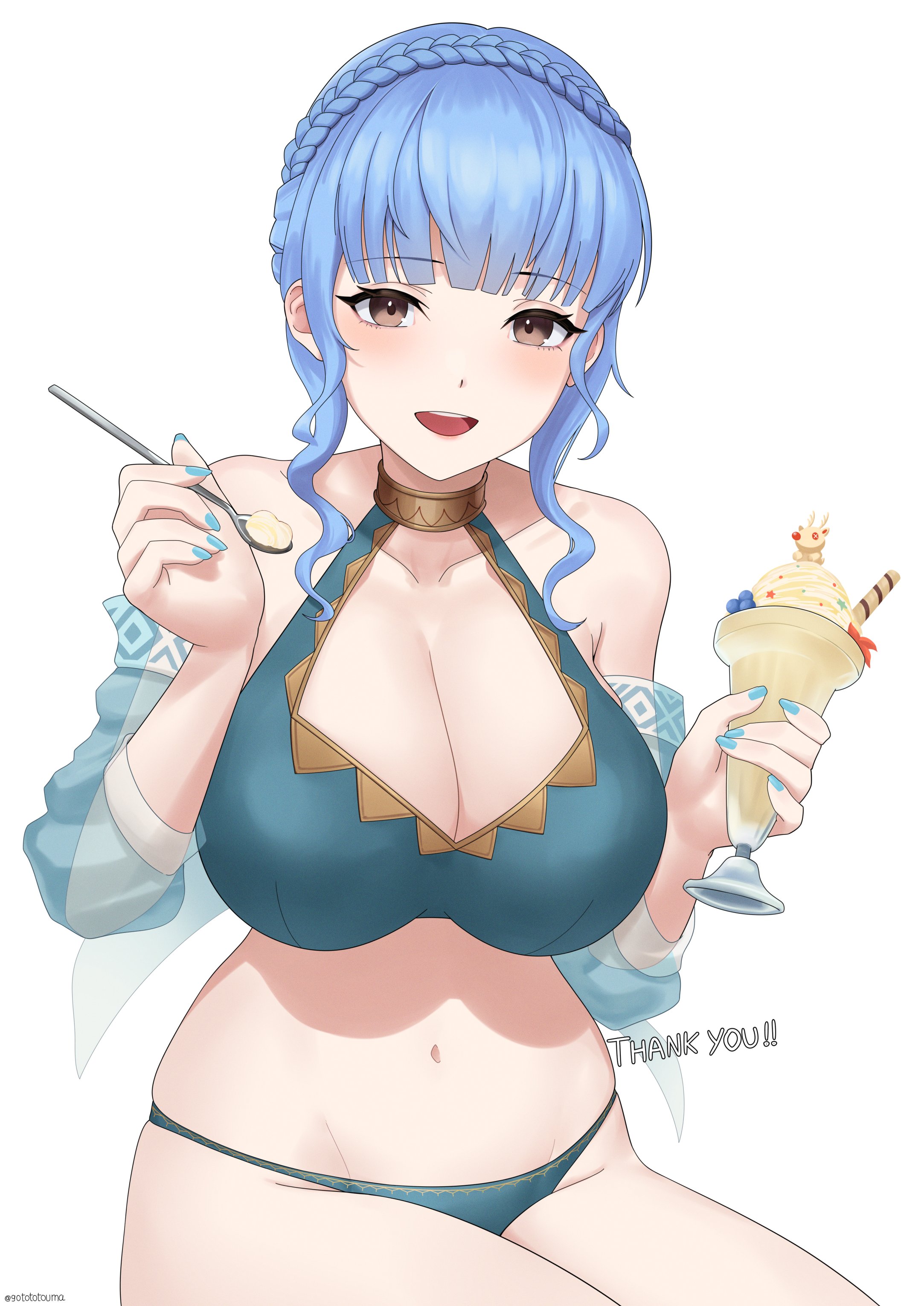 gototo touma, marianne von edmund, marianne von edmund (summer), fire emblem, fire emblem: three houses, fire emblem heroes, nintendo, absurdres, commentary, commission, english commentary, highres, 1girl, :d, bare arms, bare shoulders, bikini, blue bikini, blue hair, braid, breasts, brown eyes, cleavage, collarbone, crown braid, food, holding, holding food, holding ice cream, holding spoon, ice cream, large breasts, looking at viewer, navel, official alternate costume, open mouth, simple background, skindentation, smile, solo, spoon, stomach, swimsuit, thick thighs, thighs, white background