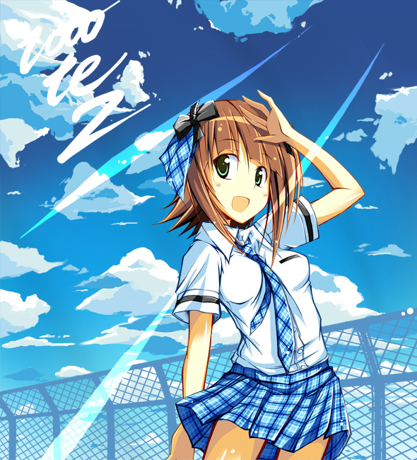 sentetsu, amami haruka, idolmaster, idolmaster (classic), 00s, 1girl, brown hair, cloud, day, female focus, green eyes, rough time school, sky, solo