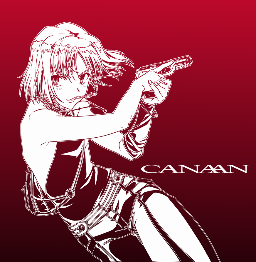 nassan, canaan (character), 428, 428: fuusa sareta shibuya de, canaan (series), chunsoft, bad id, bad pixiv id, bare shoulders, gun, handgun, jewelry, monochrome, mouth hold, necklace, pistol, red background, short hair, solo, weapon