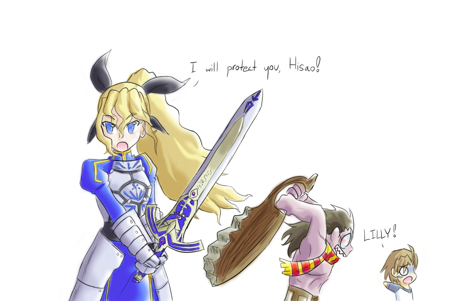 artoria pendragon (fate), emiya shirou, heracles (fate), nakai hisao, saber (fate), satou lilly, setou kenji, fate/stay night, fate (series), katawa shoujo, 1girl, 2boys, blind, cosplay, emiya shirou (cosplay), multiple boys, round eyewear, saber (fate) (cosplay), scarf, striped clothes, striped scarf