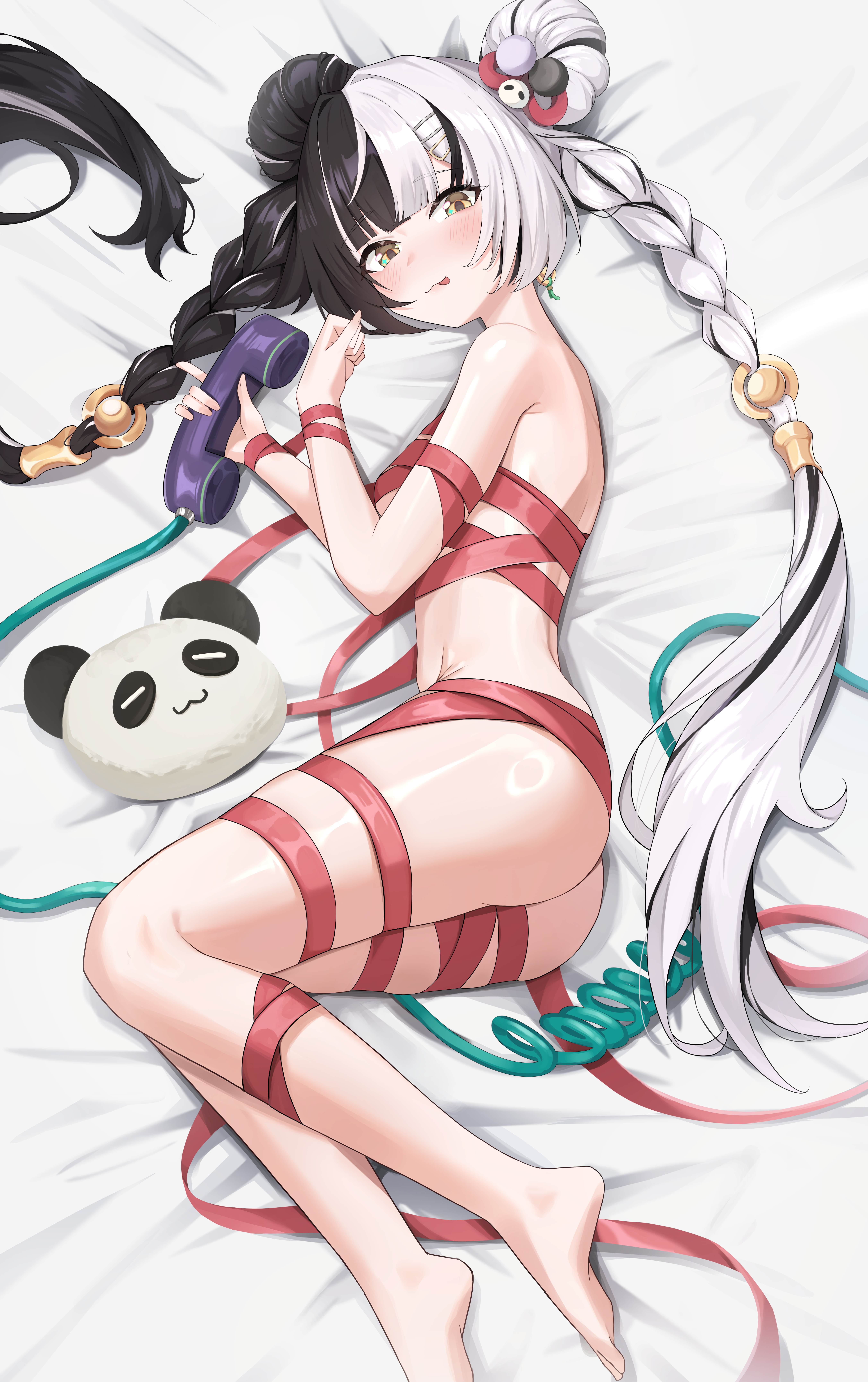 dialyn (zenless zone zero), zenless zone zero, absurdres, highres, 1girl, ass, black hair, blush, braid, breasts, long hair, medium breasts, multicolored hair, on bed, panda, phone, red ribbon, ribbon, smile, solo, split-color hair, suno mcvg5553, tongue, tongue out, twin braids, white hair, yellow eyes