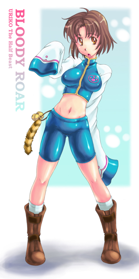 oomura, nonomura uriko, bloody roar, bad id, bad pixiv id, 1girl, bike shorts, boots, brown eyes, brown hair, female focus, latex, long sleeves, midriff, short hair, shorts, solo