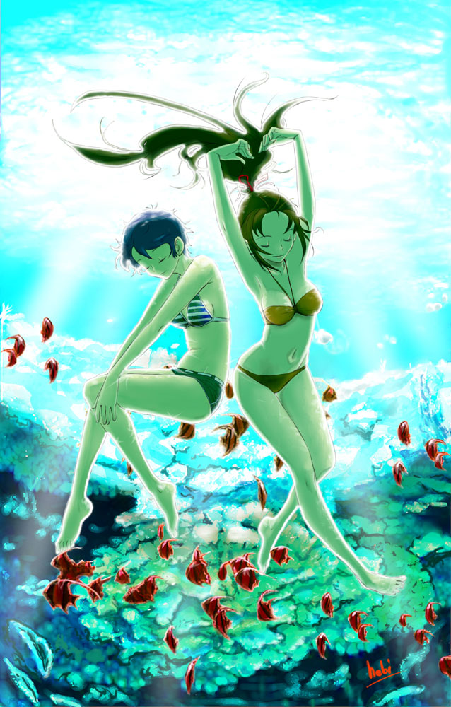 hebina masayoshi, original, bad id, bad pixiv id, armpits, barefoot, bikini, colored skin, feet, fish, green hair, green skin, navel, ponytail, spread toes, swimsuit, toes, underwater