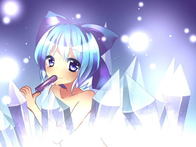 imokototaisi, cirno, embodiment of scarlet devil, touhou, bad id, bad pixiv id, 1girl, blue eyes, blue hair, bow, female focus, food, hair bow, ice, matching hair/eyes, nude, popsicle, short hair, solo