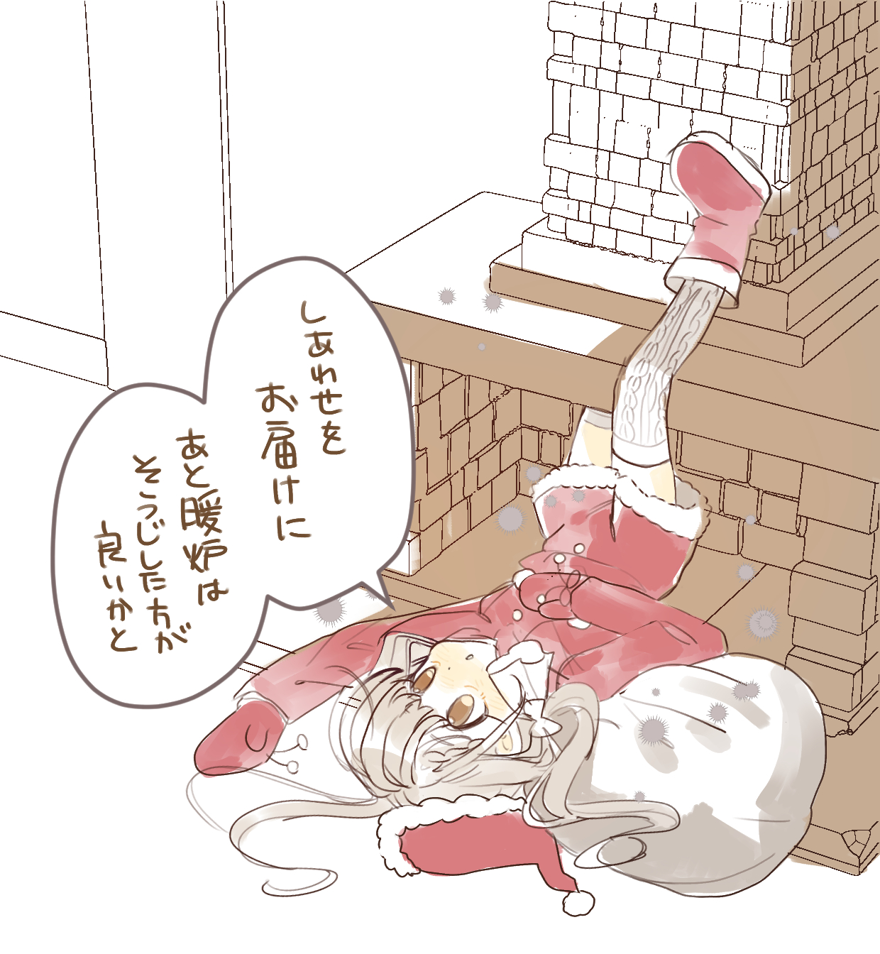 yano sou, original, highres, 1girl, blush, boots, chimney, christmas, dress, fur-trimmed headwear, fur trim, hat, long hair, long sleeves, lying, mittens, on back, red dress, sack, santa costume, santa hat, solo, thighhighs, twintails