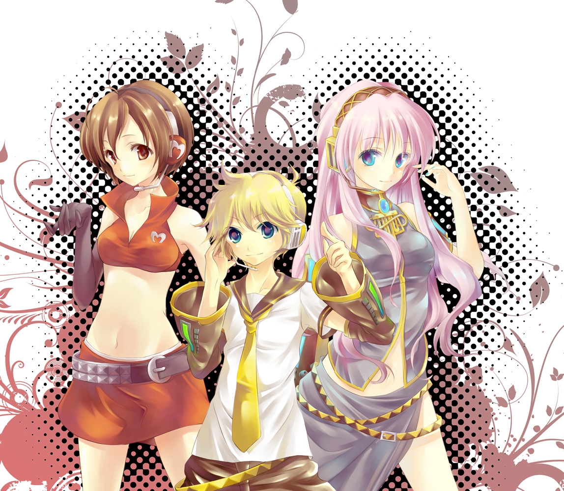 lilithbloody, kagamine len, kagamine rin, megurine luka, meiko (vocaloid), vocaloid, bad id, bad pixiv id, 1boy, 2girls, bare shoulders, belt, blonde hair, blue eyes, breasts, brown eyes, brown hair, cleavage, detached sleeves, elbow gloves, gloves, headphones, headset, long hair, midriff, multiple girls, navel, necktie, pink hair, short hair, shorts, single glove, skirt, smile, studded belt, yellow necktie