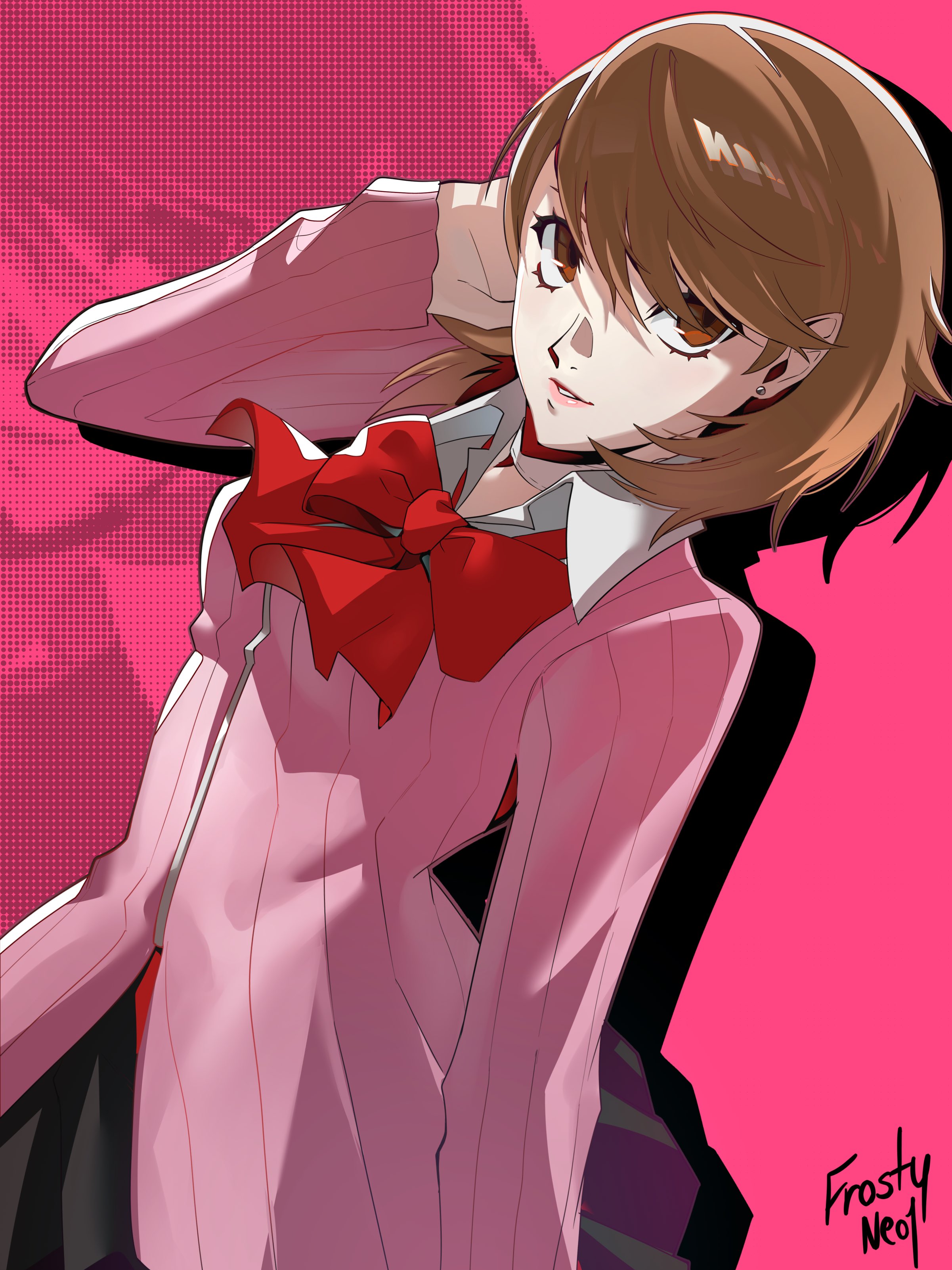 frosty neo1, takeba yukari, persona, persona 3, absurdres, highres, 1girl, black skirt, bow, brown hair, cardigan, medium hair, pink background, pink cardigan, red bow, skirt