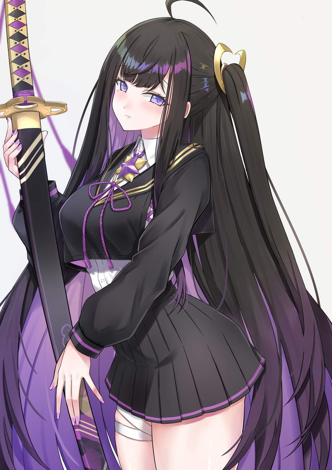 asya, chitose (stella sora), stella sora, highres, 1girl, ahoge, bandaged leg, bandages, black hair, black sailor collar, black shirt, black skirt, blush, breasts, colored inner hair, holding, holding sheath, holding sword, holding weapon, large breasts, layered shirt, long hair, looking at viewer, multicolored hair, pleated skirt, purple eyes, purple hair, sailor collar, sheath, shirt, side ponytail, skirt, solo, sword, very long hair, weapon, white shirt