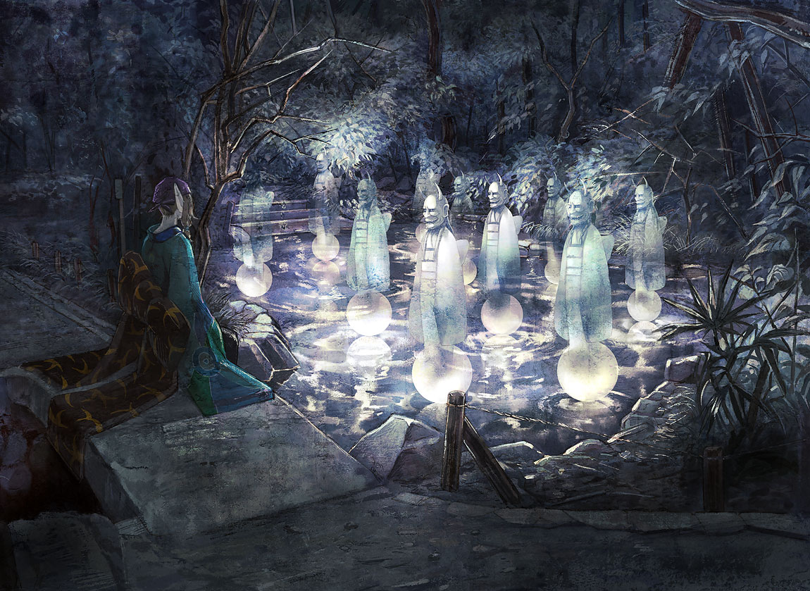 zain, kusuriuri (mononoke), mizuhashi parsee, mononoke, touhou, bad id, bad pixiv id, 00s, 1boy, dark, forest, ghost, horns, japanese clothes, kimono, male focus, mask, moon, nature, night, obi, oni, pointy ears, sash, scenery, sitting