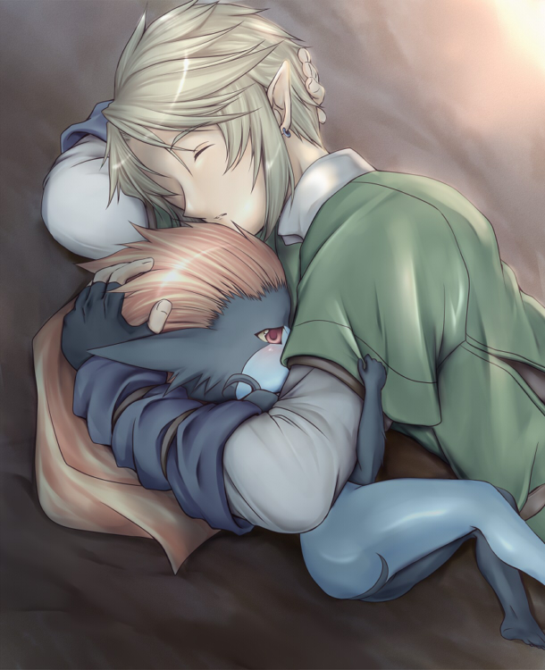 microspace, link, midna, nintendo, the legend of zelda, the legend of zelda: twilight princess, 1boy, 1girl, blonde hair, blue skin, blush, colored skin, cuddling, earrings, hetero, hug, jewelry, long hair, no headwear, orange hair, pointy ears, red eyes, sleeping