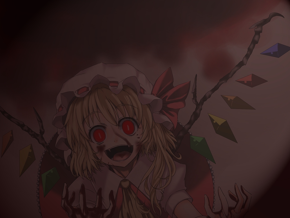 haruichi (komikal), flandre scarlet, touhou, 1girl, blonde hair, blood, blouse, collared shirt, crazy eyes, fangs, female focus, hair between eyes, hat, mob cap, red eyes, shirt, solo, vampire, white hat, white shirt, wings