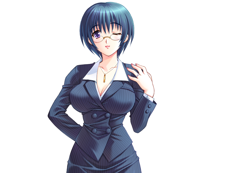 kuroda akimi, izawa ritsuko, tsuma shibori, tsumamigui (series), game cg, non-web source, official art, blazer, blue hair, breasts, cleavage, closed mouth, jacket, jewelry, large breasts, light smile, necklace, one eye closed, pencil skirt, pixie cut, purple eyes, ring, semi-rimless eyewear, short hair, skirt, teacher, wedding ring