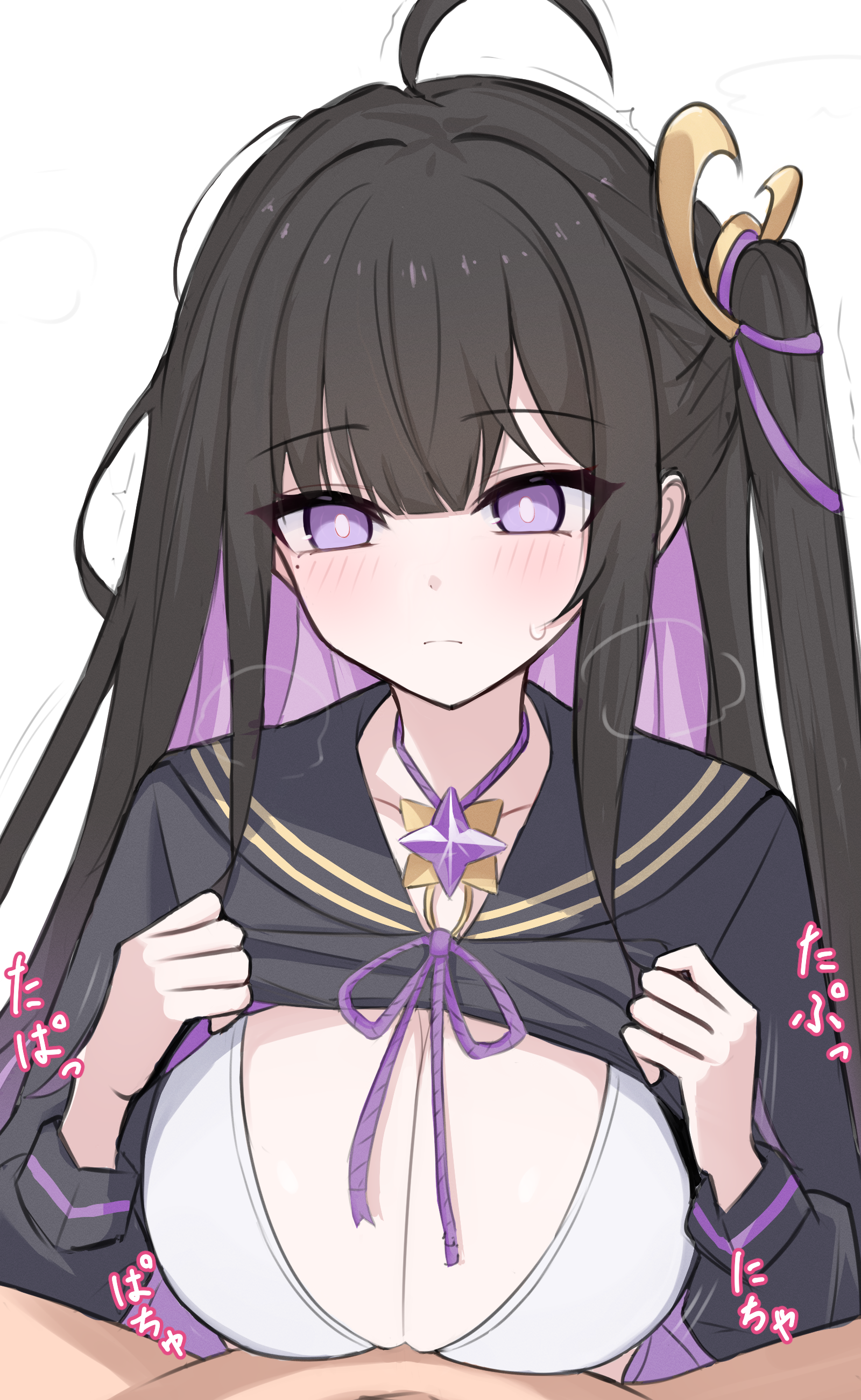 acht ao, chitose (stella sora), stella sora, absurdres, highres, 1boy, 1girl, ahoge, black hair, black sailor collar, black shirt, blush, bra, breasts, closed mouth, collarbone, colored inner hair, heavy breathing, implied paizuri, jewelry, large breasts, looking at viewer, multicolored hair, necklace, pov, purple eyes, purple hair, sailor collar, shirt, sidelocks, underwear, white bra