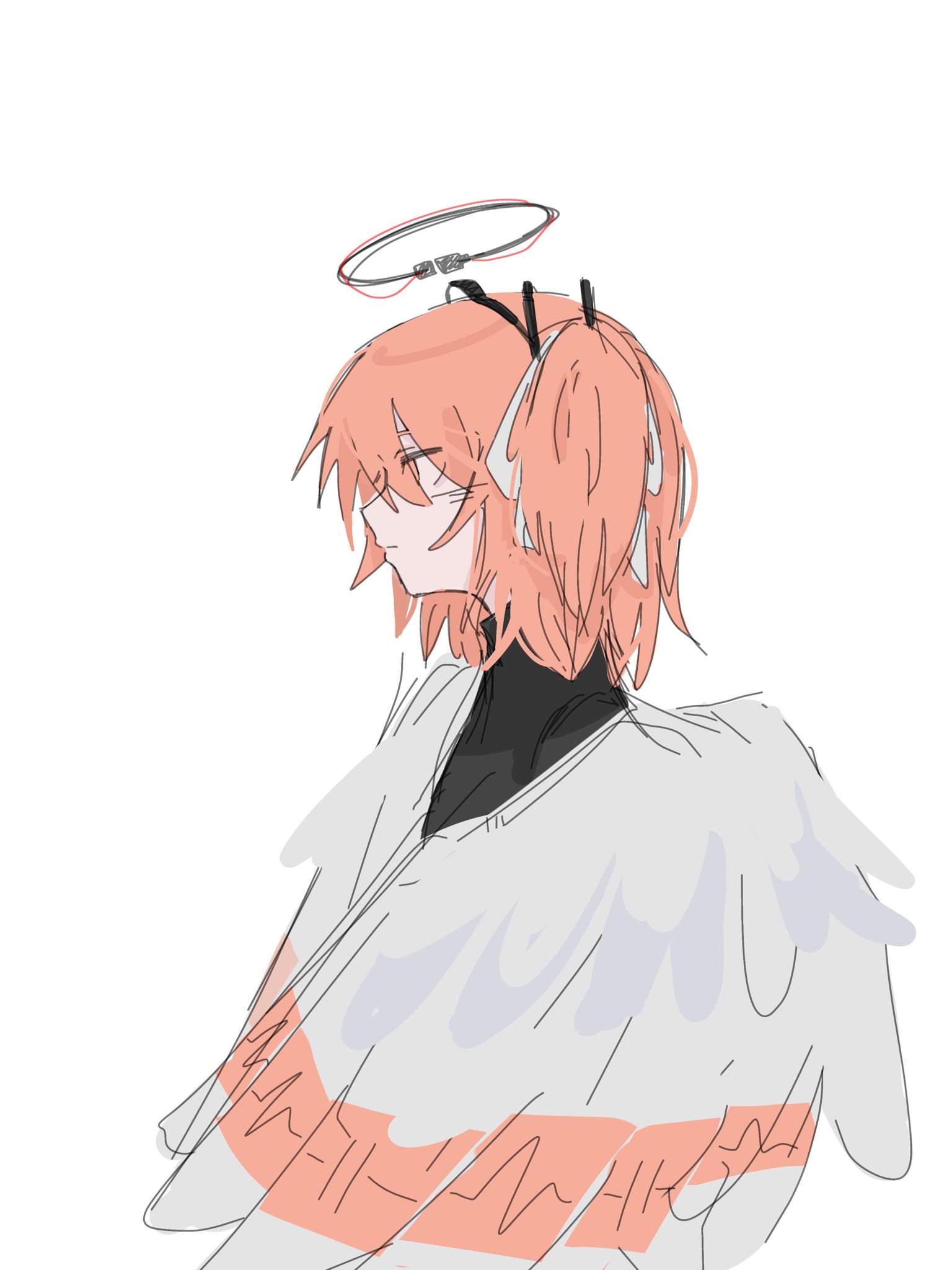 adachi rei, a.i. voice, utau, highres, 1girl, angel, cable, closed mouth, feathered wings, from side, halo, mazinemmmmm, mechanical halo, medium hair, one side up, orange hair, profile, simple background, solo, upper body, white background, white wings, wings