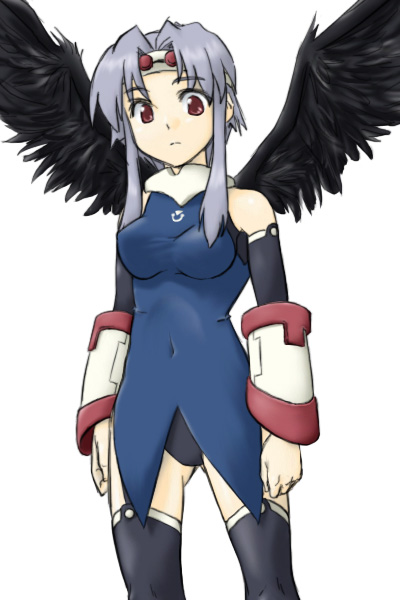 iuiu, mutsumi (utawarerumono), utawarerumono, silver hair, 00s, 1girl, bare shoulders, black wings, female focus, red eyes, sidelocks, solo, thighhighs, wings