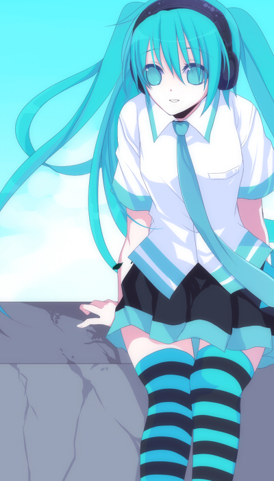 harano, hatsune miku, vocaloid, 1girl, blue eyes, blue hair, female focus, long hair, looking at viewer, matching hair/eyes, shirt, short sleeves, skirt, solo, thighhighs, twintails