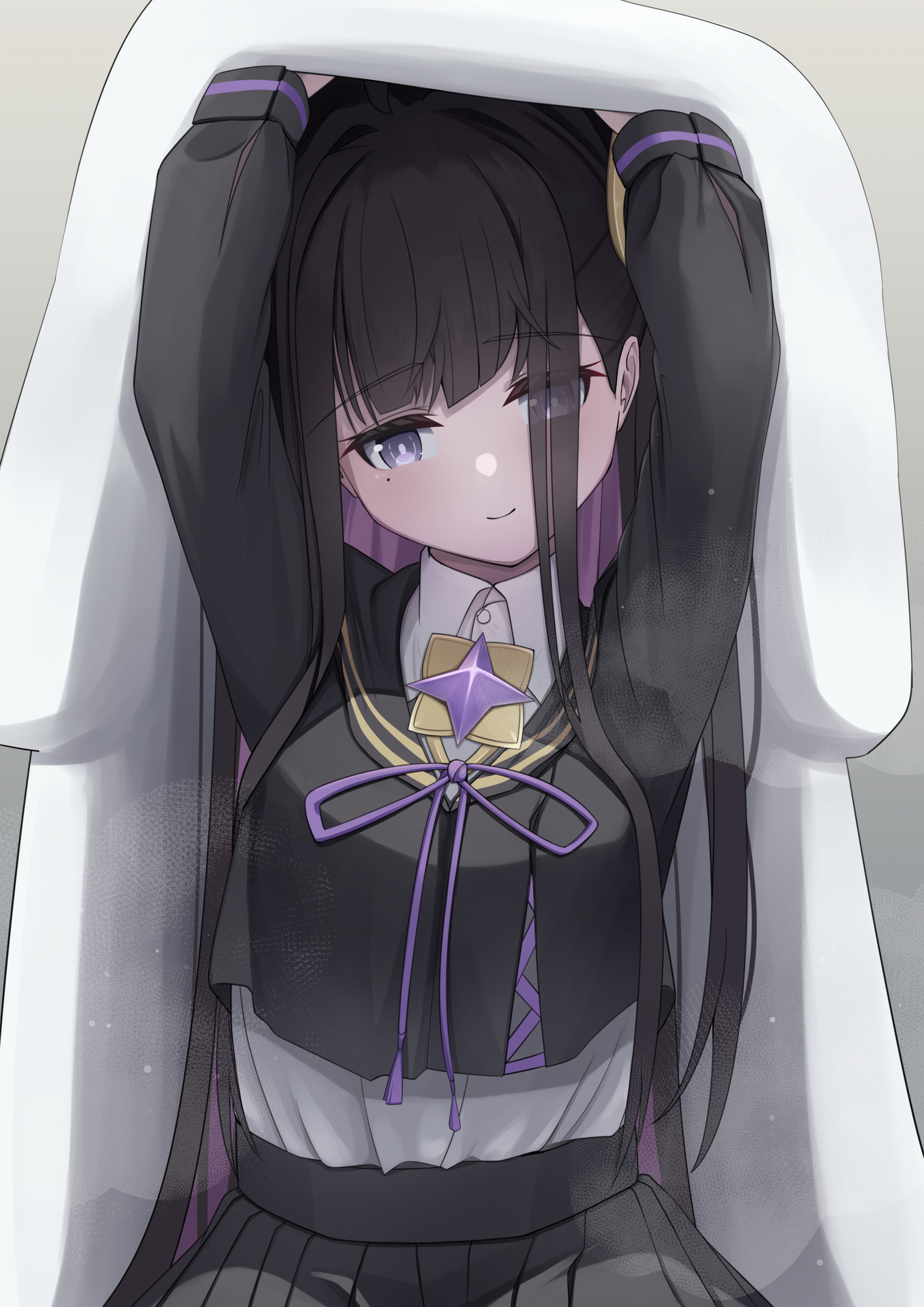 chitose (stella sora), stella sora, absurdres, commentary request, highres, 1girl, ahoge, black sailor collar, black shirt, black skirt, blush, breasts, large breasts, layered shirt, light smile, looking at viewer, pleated skirt, purple eyes, purple hair, sailor collar, shirt, side ponytail, skirt, smile, solo, under covers, user gjtu7855, white shirt