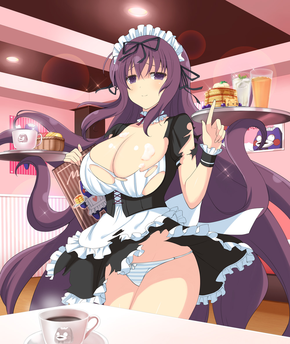 yaegashi nan, bebe-tan, murasaki (senran kagura), senran kagura, senran kagura new link, senran kagura shinovi versus, official art, 1girl, apron, basket, black ribbon, black wrist cuffs, blue panties, blueberry, blush, bow, bow panties, breasts, butter, cafe, ceiling, ceiling light, character cookie, character print, choker, cleavage, coffee, collarbone, cup, dress, drink, drinking glass, food, food on body, food on breasts, frilled choker, frilled wrist cuffs, frills, fruit, garnish, glass, groin, hair between eyes, hair ribbon, heart, holding, holding menu, holding plate, huge breasts, indoors, large breasts, lens flare, long hair, looking at viewer, macaron, maid, maid apron, maid headdress, maple syrup, menu, pancake, pancake stack, panties, plate, poster (object), prehensile hair, purple eyes, purple hair, purple ribbon, restaurant, ribbon, shiny skin, sidelocks, skindentation, smile, solo, souffle (food), souffle pancake, sparkle, standing, striped clothes, striped panties, stuffed animal, stuffed toy, suggestive fluid, syrup, table, teacup, teddy bear, torn apron, torn clothes, torn dress, torn sleeves, two-tone panties, underbust, underwear, very long hair, water, white apron, white panties, wrist cuffs