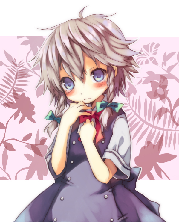 miya (tsumazukanai), izayoi sakuya, touhou, silver hair, bad id, bad pixiv id, 1girl, aged down, blush, braid, child, female focus, ribbon, solo, standing, tears, twin braids