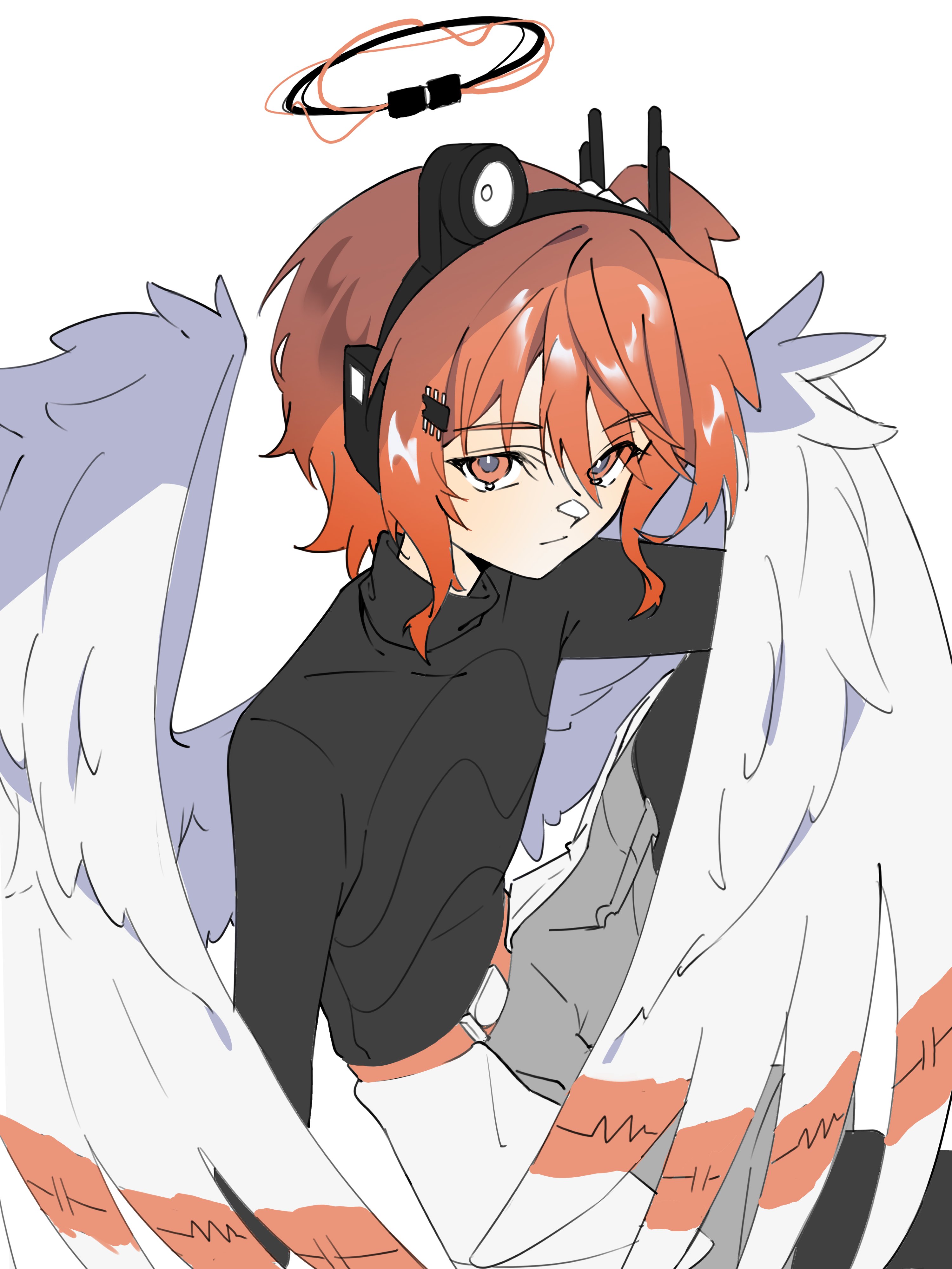 senri (hrydy o), adachi rei, a.i. voice, utau, absurdres, highres, 1girl, angel, black shirt, cable, closed mouth, feathered wings, halo, looking at viewer, mechanical halo, orange eyes, orange hair, shirt, solo, turtleneck, white wings, wings