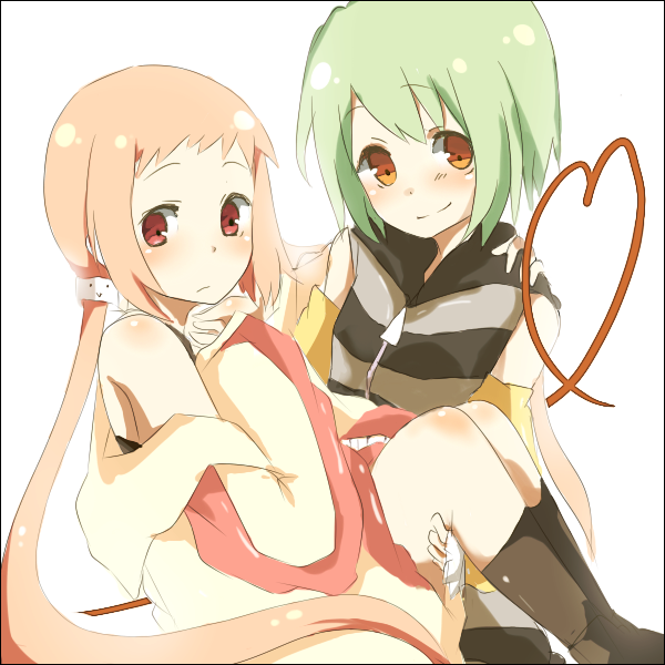 mono (recall), kl-chan, mono (character), original, bad id, bad pixiv id, 2girls, blush, green hair, long hair, multiple girls, orange eyes, pink hair, red eyes